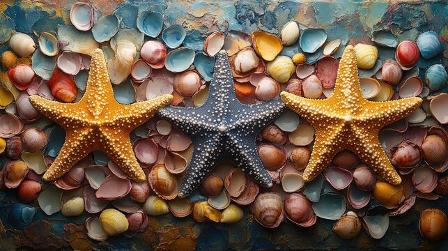Colorful starfish arranged on a textured surface with a variety of cockleshells in soft hues, highlighting intricate details and coastal themes, marine life, beach decor.