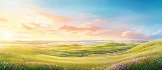 Obraz premium Vibrant sunrise illuminating rolling hills with soft clouds and lush green fields creating a serene landscape ambiance.