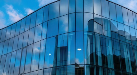Fototapeta premium Modern glass office building reflecting blue skies clouds