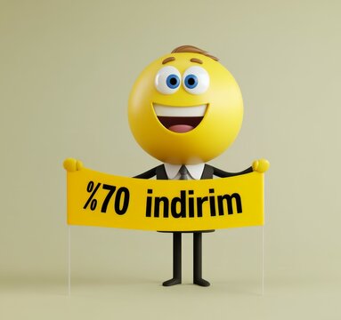 sarı emoji karakteri elinde sarı pankart tutuyor. pankartta indirim yazıyor Happy emoji emoticon holding a sign with the text "indirim"