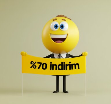 sarı emoji karakteri elinde sarı pankart tutuyor. pankartta indirim yazıyor Happy emoji emoticon holding a sign with the text "indirim"