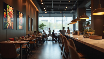 An upscale modern restaurant interior featuring sleek digital signage screens that blend seamlessly with the minimalist decor.