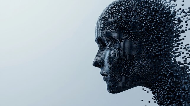Disintegrating digital human head profile, abstract concept.