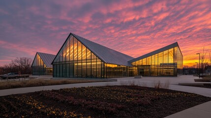Obraz premium Modern Glass Building Sunset Sky Architectural Design