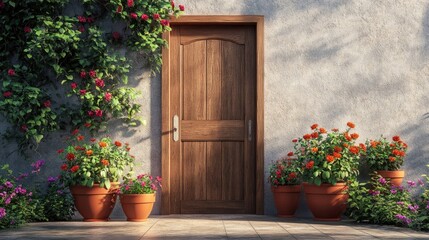 Fototapeta premium Charming wooden door framed by vibrant flower pots in front, creating a welcoming atmosphere. The wooden door stands out beautifully, offering a perfect photo style with ample copy space.