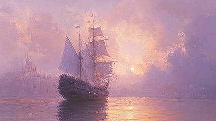 Fototapeta premium Sailing ship sunset cityscape calm waters.
