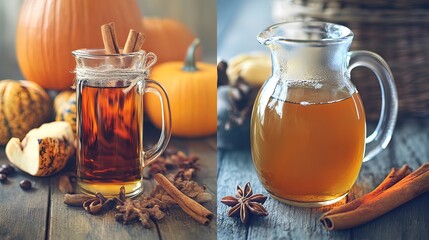 Two glass pitchers of autumnal spiced tea with pumpkins and cinnamon sticks.