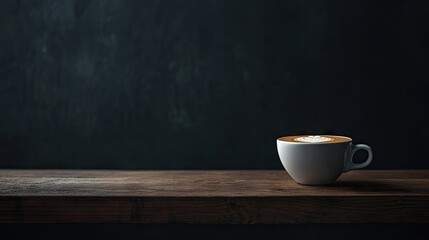 Cappuccino in a cup rests on a wooden table, contrasting with a dark background, creating a perfect scene for cappuccino lovers with ample copy space.