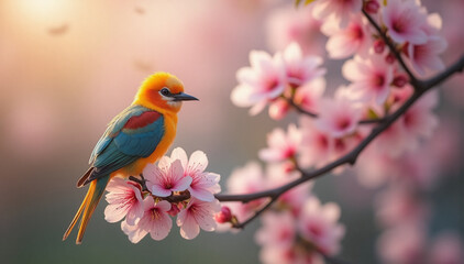 a vibrant bird of paradise perched delicately on the branch of a sakura tree, with the soft pink blossoms creating a stunning contrast against the bright colors of the bird