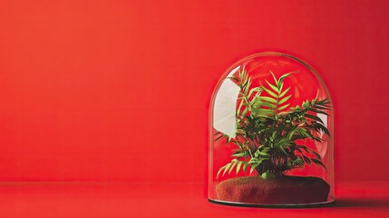 Glass dome containing a plant set against a vibrant red background, creating a striking visual with ample copy space for your design needs. Glass dome adds an elegant touch to the composition.