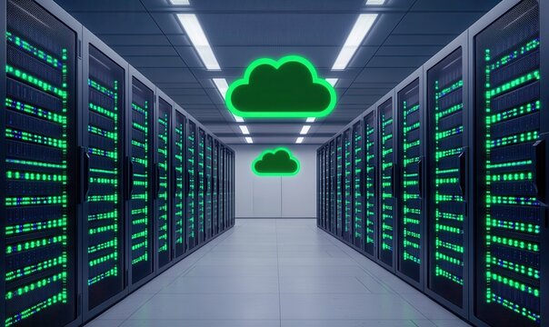 A modern data center filled with server racks, illuminated by green lights, with cloud icons suggesting cloud computing services. - Powered by Adobe
