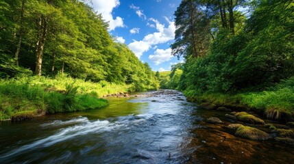 Obraz premium A serene river flows through a lush forest beneath a bright blue sky, creating a tranquil scene. This river surrounded by nature offers a peaceful escape with ample copy space.