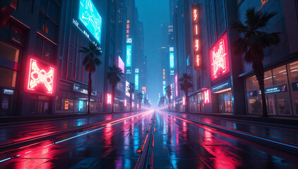 a futuristic, neon-lit downtown city street at night, where towering buildings are adorned with glowing signboards