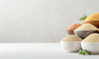 A collection of various grains and lentils displayed in bowls, showcasing their diverse colors and textures against a neutral background.