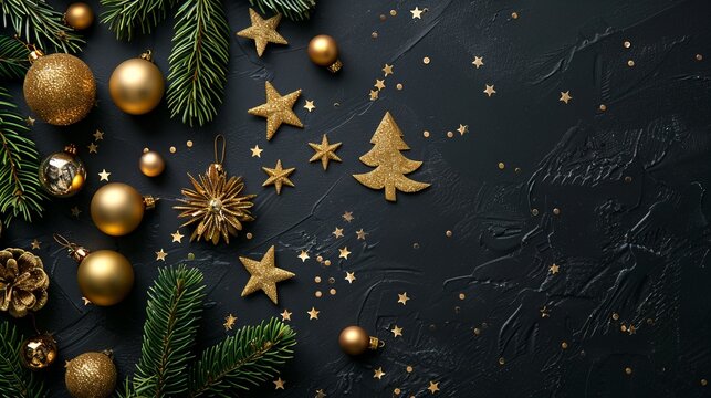 Christmas gold decorations on black background flat lay mockup - Powered by Adobe