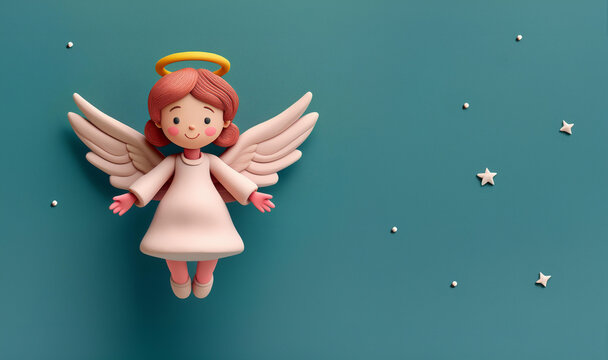 Tarjeta horizontal con escultura de peque&ntilde;o &aacute;ngel con estrellas. Espacio negativo para completar. Recurso gr&aacute;fico. IA generativa.