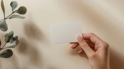 Obraz premium A hand holds a textured card against a neutral backdrop with greenery, creating a calm and minimalist aesthetic.