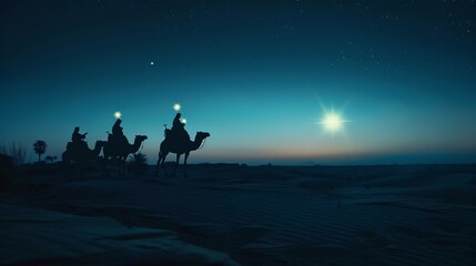 Nativity camels silhouettes at night