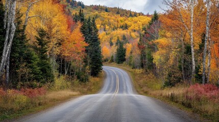 Fototapeta premium Autumnal Road Winding Through a Colorful Forest