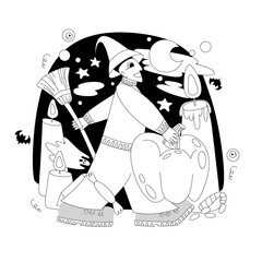 Vector illustration in flat and doodle style on Halloween theme. Image of a girl or a guy with a broom and in a hat, with pumpkins, bats and ghosts.