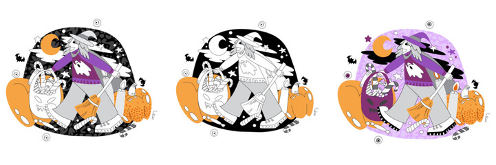 Vector illustration in flat and doodle style on Halloween theme. Image of a girl or a guy with a broom and in a hat, with pumpkins, bats and ghosts.