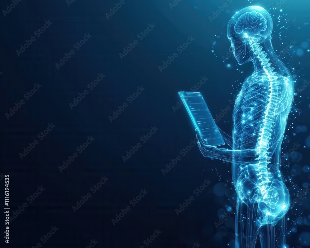Poster A digital representation of a skeletal figure interacting with a tablet, highlighting themes of technology and human interaction.