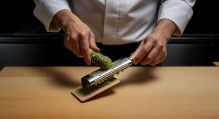 Professional chef grating wasabi for traditional Japanese cuisine