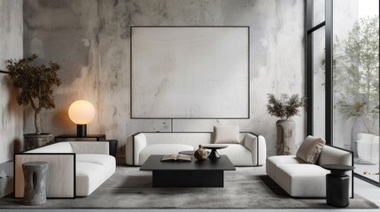 Modern Living Room with Concrete Wall and Large Window