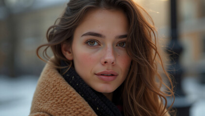Obraz premium A fashionable young woman confidently posing in a trendy oversized wool coat, exuding a sense of effortless chic