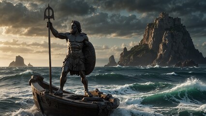Statue of Odysseus, the hero of wisdom and adventure, holding a ship's helm and sword, standing before the turbulent sea, with a backdrop of mysterious islands and mist, with carvings depicting his wi