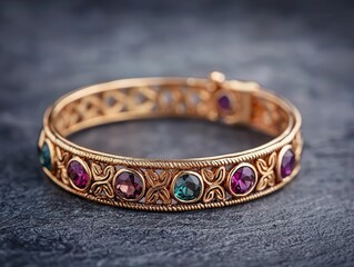 Closeup of an antiqueinspired bracelet with filigree and gemstone settings, Vintage Jewelry, Timeless Elegance