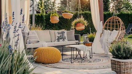 A stylish outdoor patio with hanging plants and a sunset backdrop
