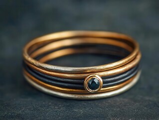Closeup of a bracelet with overlapping metal bands and a central stone, Overlapping Design, Contemporary Style