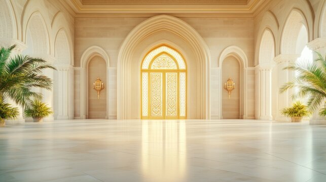 A golden door with Arabic patterns inside an Arabic palace, luxury design architecture