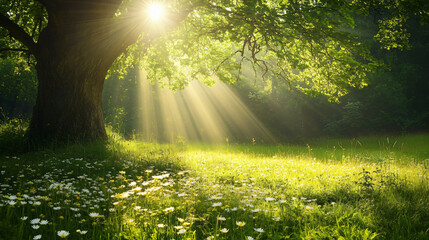 Obraz premium Sunbeams filter through lush green tree, illuminating meadow filled with wildflowers, creating serene and peaceful atmosphere