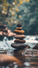 A stack of smooth stones balanced by a river, symbolizing tranquility.