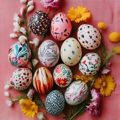 Obraz premium Festive Easter egg designs, bold patterns, spring florals, arranged in a creative flat lay.