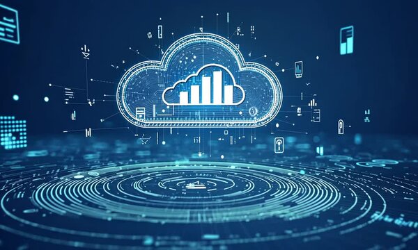 A digital representation of cloud computing, featuring a stylized cloud with data icons and graphs, symbolizing technology and data management.
