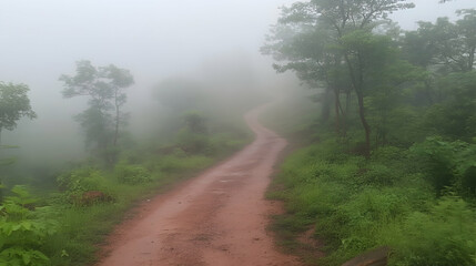 Obraz premium Misty forest road winding through lush green vegetation.