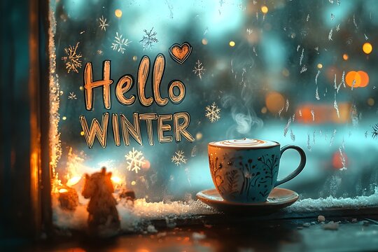 Hello Winter cold season handwritten text on metal board banner with snow flakes