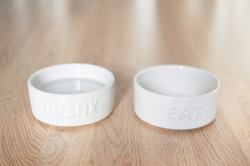 Minimalist set of two dog bowls labeled "Eat" and "Drink". Perfect for pet care, feeding guides, or lifestyle imagery. High-resolution image showcasing functional and stylish pet accessories.