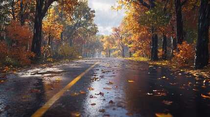 Obraz premium Wet Asphalt Road Passing Through Colorful Autumn Foliage