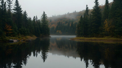 Misty lake reflecting autumn trees.
