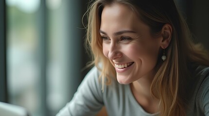Close-up of a smiling young woman at work at her laptop. For use in business topics, marketing materials, advertising services related to work, communication and human resources. 