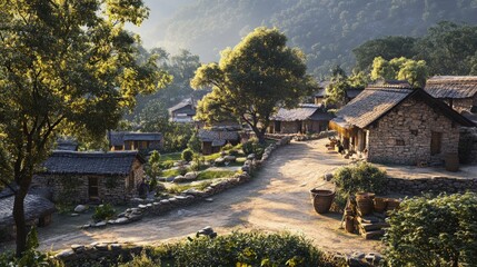 Fototapeta premium Stone village nestled in sun-dappled hills.