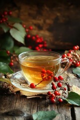 Close-up of a cup of tea with viburnum. Selective focus