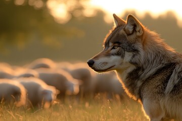 A cautious wolf observing a flock of sheep in a serene rural landscape at golden hour