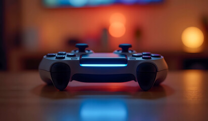 Obraz premium A sleek gaming controller with blue LED lighting, placed on a wooden surface in a cozy, ambient-lit room.