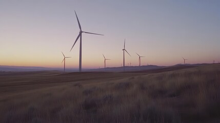 Wind turbines on a hillside during sunset, highlighting renewable energy.