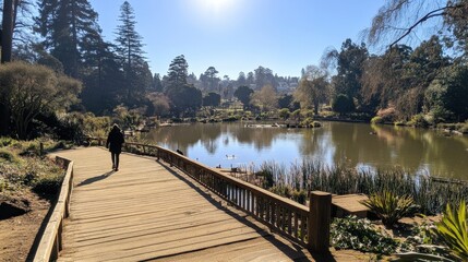 Obraz premium Tranquil Lakeside Stroll: A Peaceful Moment Amidst Nature's Embrace